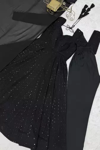 Black lucknowi thread & sequence work soft fox georgette flared anarkali suit set with dupatta