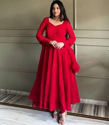 Red lucknowi thread & sequence work soft fox georgette flared anarkali suit set with dupatta