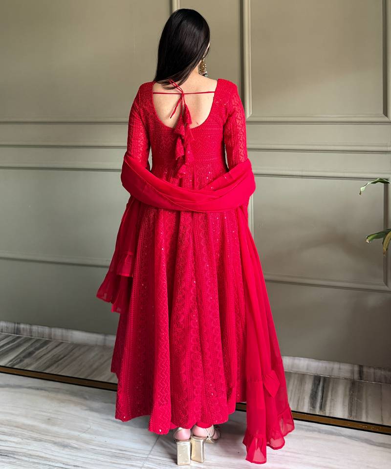 Red lucknowi thread & sequence work soft fox georgette flared anarkali suit set with dupatta