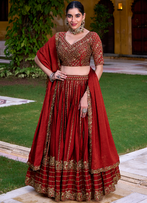Maroon Zari Sequin Embroidery Work Rangoli Crush Silk Semi Stiched Lehenga Choli 1