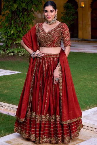 Maroon Zari Sequin Embroidery Work Rangoli Crush Silk Semi Stiched Lehenga Choli