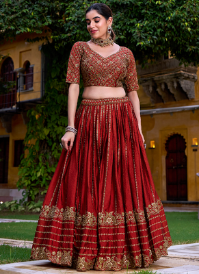 Maroon Zari Sequin Embroidery Work Rangoli Crush Silk Semi Stiched Lehenga Choli 2