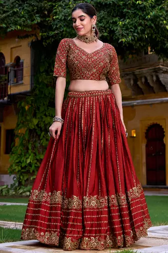 Maroon Zari Sequin Embroidery Work Rangoli Crush Silk Semi Stiched Lehenga Choli