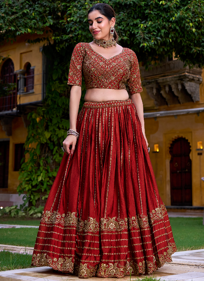 Maroon Zari Sequin Embroidery Work Rangoli Crush Silk Semi Stiched Lehenga Choli
