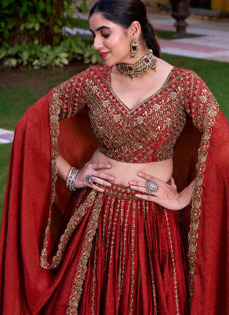 Maroon Zari Sequin Embroidery Work Rangoli Crush Silk Semi Stiched Lehenga Choli