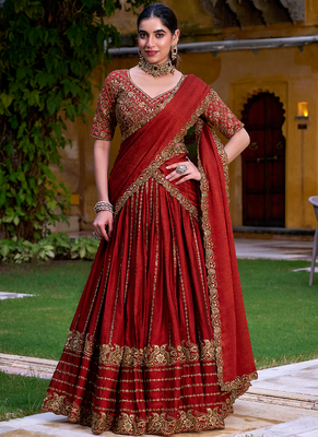 Maroon Zari Sequin Embroidery Work Rangoli Crush Silk Semi Stiched Lehenga Choli 4
