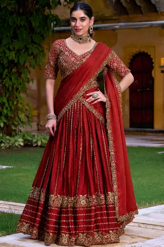 Maroon Zari Sequin Embroidery Work Rangoli Crush Silk Semi Stiched Lehenga Choli