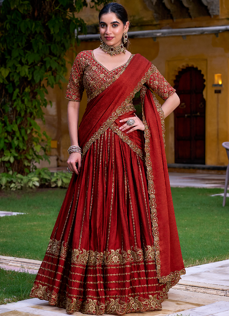 Maroon Zari Sequin Embroidery Work Rangoli Crush Silk Semi Stiched Lehenga Choli