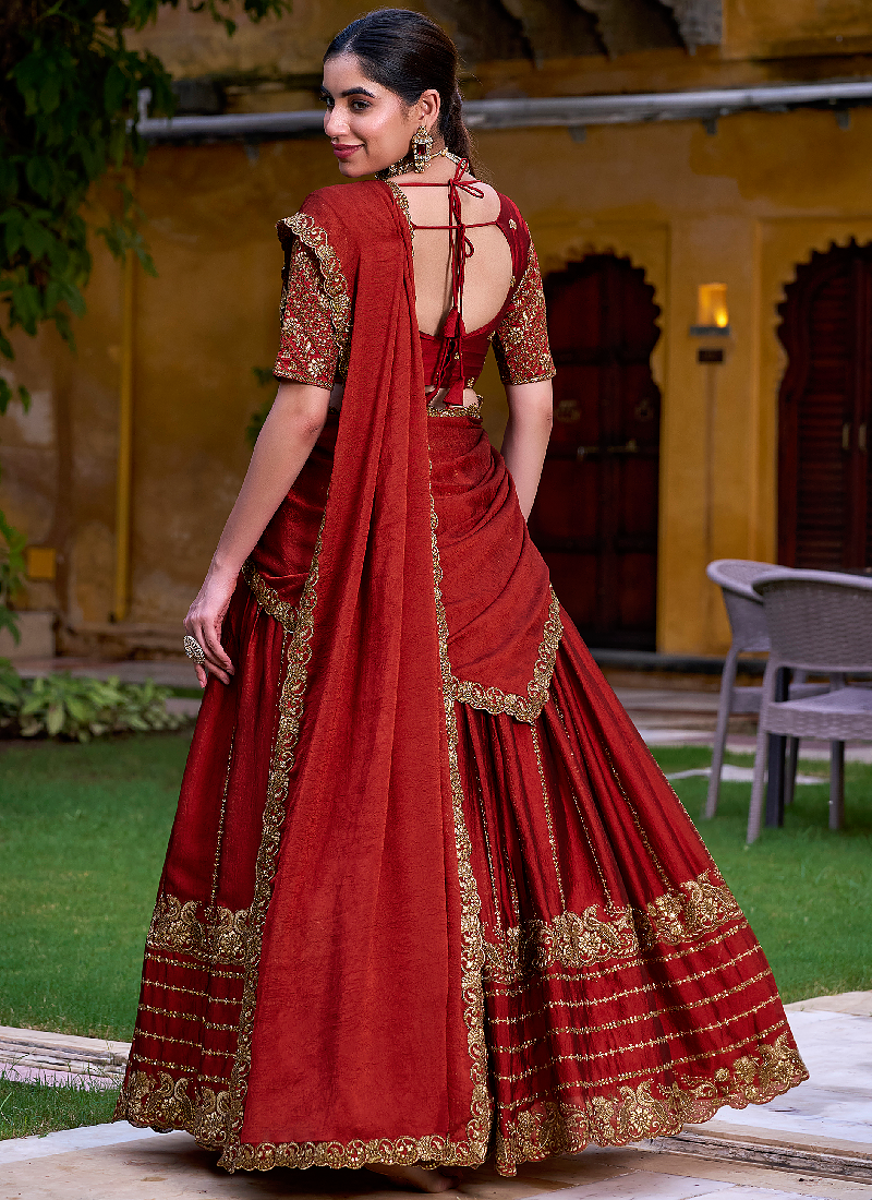 Maroon Zari Sequin Embroidery Work Rangoli Crush Silk Semi Stiched Lehenga Choli