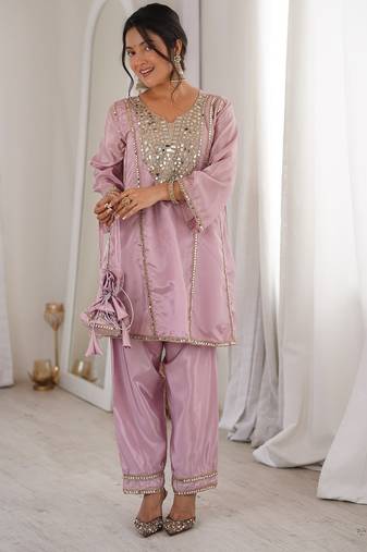 pink color real mirror embroidered silk blend kurti set