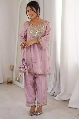pink color real mirror embroidered silk blend kurti set