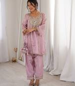 pink color real mirror embroidered silk blend kurti set