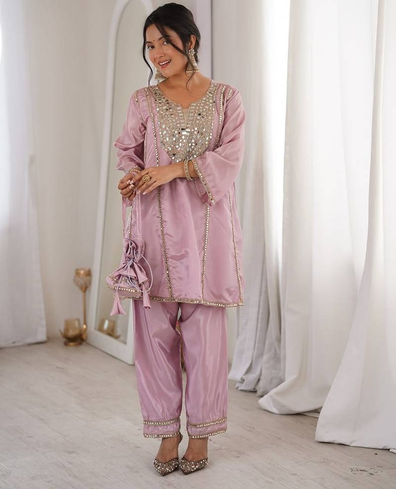 pink color real mirror embroidered silk blend kurti set