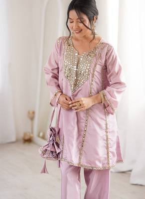 pink color real mirror embroidered silk blend kurti set 2