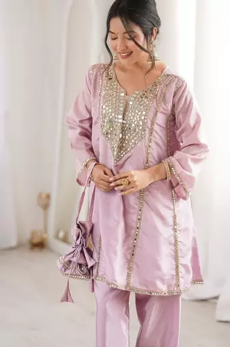 pink color real mirror embroidered silk blend kurti set