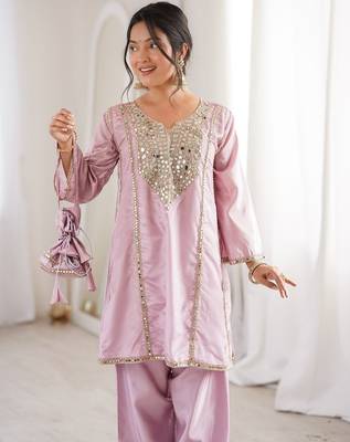 pink color real mirror embroidered silk blend kurti set 3