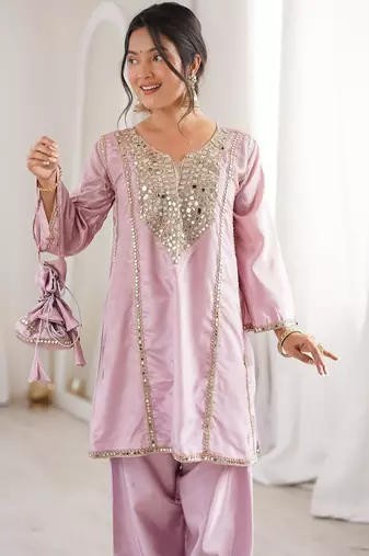 pink color real mirror embroidered silk blend kurti set
