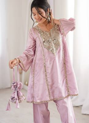 pink color real mirror embroidered silk blend kurti set 4