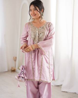 pink color real mirror embroidered silk blend kurti set 5