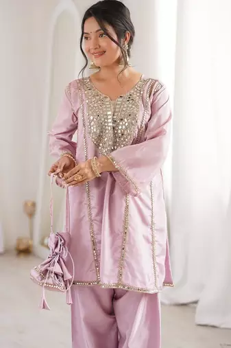pink color real mirror embroidered silk blend kurti set