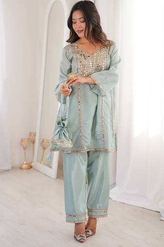 sky blue color real mirror embroidered silk blend kurti set