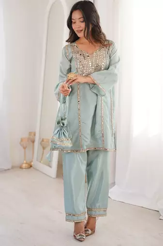 sky blue color real mirror embroidered silk blend kurti set
