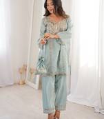 sky blue color real mirror embroidered silk blend kurti set