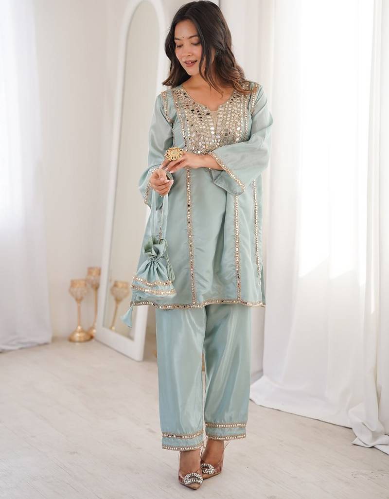 sky blue color real mirror embroidered silk blend kurti set