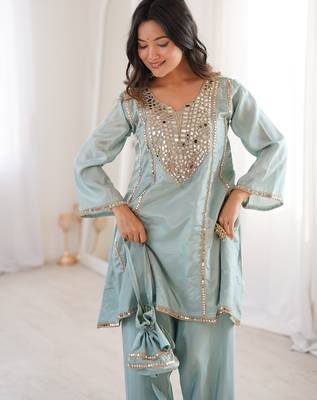 sky blue color real mirror embroidered silk blend kurti set 2