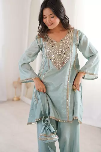 sky blue color real mirror embroidered silk blend kurti set