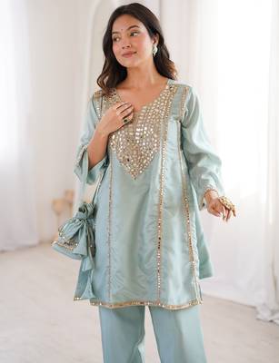 sky blue color real mirror embroidered silk blend kurti set 3