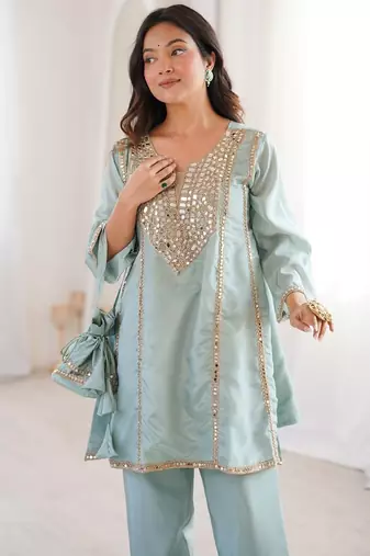 sky blue color real mirror embroidered silk blend kurti set