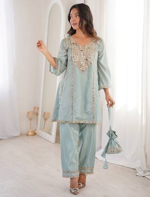 sky blue color real mirror embroidered silk blend kurti set 4