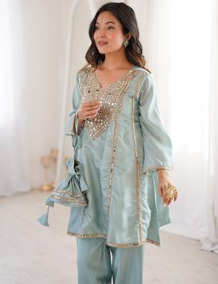 sky blue color real mirror embroidered silk blend kurti set 5