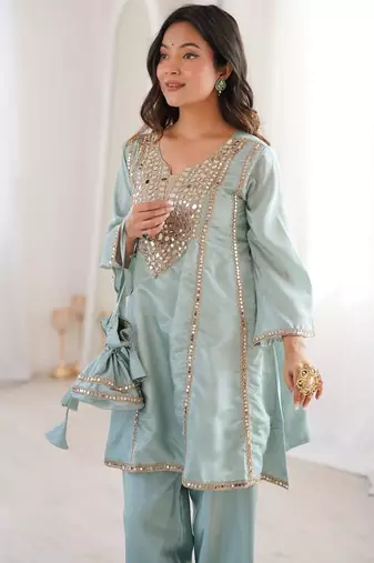sky blue color real mirror embroidered silk blend kurti set