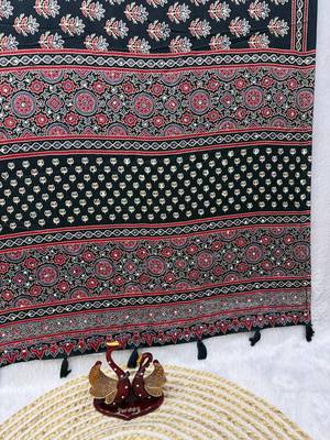 Black Color Ajarakh Print With Mirror Work And Latkan Satin Crepe Saree  3