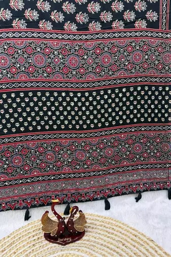 Black Color Ajarakh Print With Mirror Work And Latkan Satin Crepe Saree 