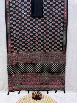 Black Color Ajarakh Print With Mirror Work And Latkan Satin Crepe Saree  4