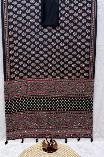 Black Color Ajarakh Print With Mirror Work And Latkan Satin Crepe Saree 