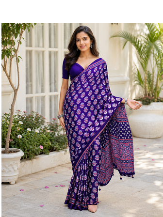 Purple Color Ajarakh Print With Mirror Work And Latkan Satin Crepe Saree  1