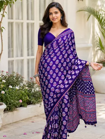 Purple Color Ajarakh Print With Mirror Work And Latkan Satin Crepe Saree 