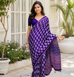 Purple Color Ajarakh Print With Mirror Work And Latkan Satin Crepe Saree 