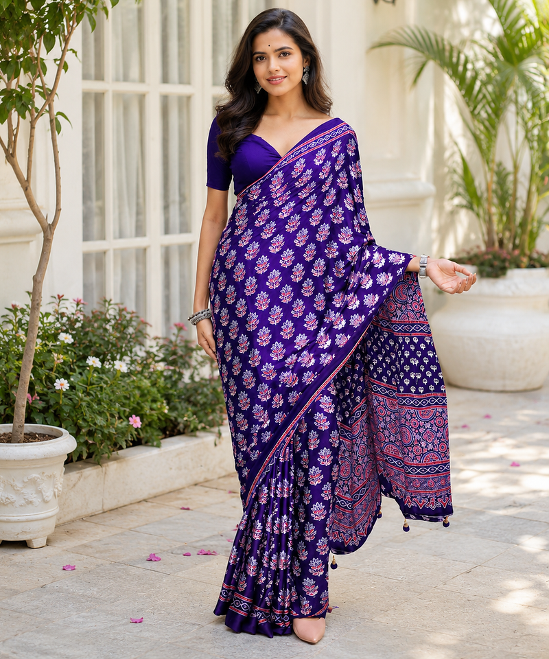 Purple Color Ajarakh Print With Mirror Work And Latkan Satin Crepe Saree 