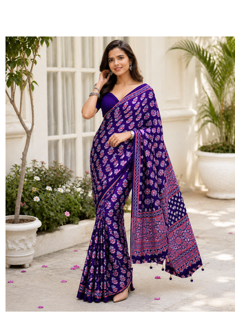 Purple Color Ajarakh Print With Mirror Work And Latkan Satin Crepe Saree  2
