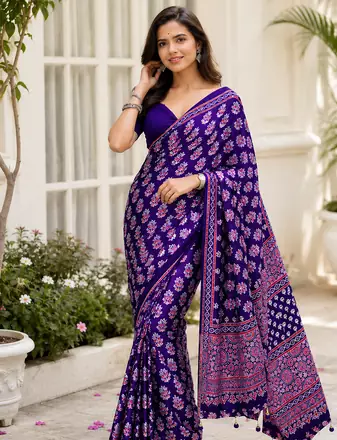 Purple Color Ajarakh Print With Mirror Work And Latkan Satin Crepe Saree 