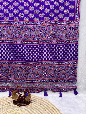 Purple Color Ajarakh Print With Mirror Work And Latkan Satin Crepe Saree  3