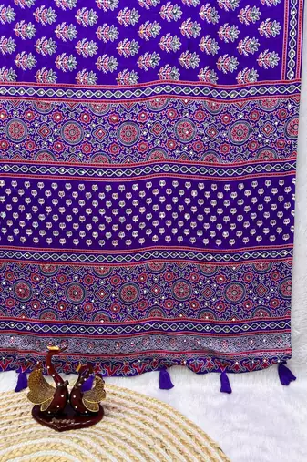 Purple Color Ajarakh Print With Mirror Work And Latkan Satin Crepe Saree 