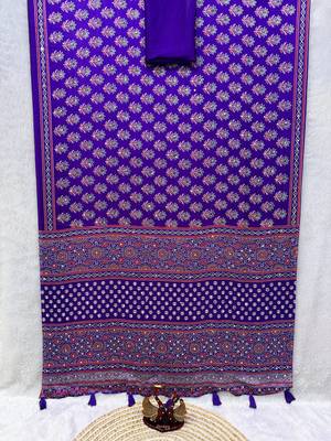 Purple Color Ajarakh Print With Mirror Work And Latkan Satin Crepe Saree  4
