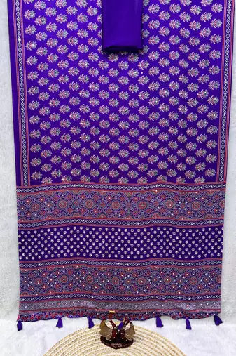 Purple Color Ajarakh Print With Mirror Work And Latkan Satin Crepe Saree 
