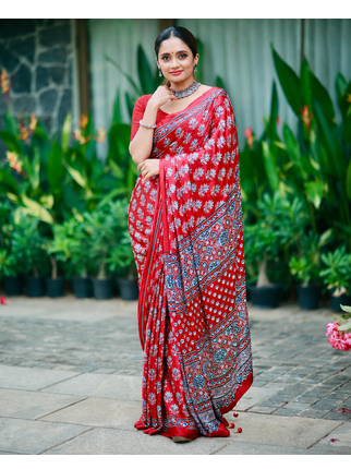 Red Color Ajarakh Print With Mirror Work And Latkan Satin Crepe Saree  1